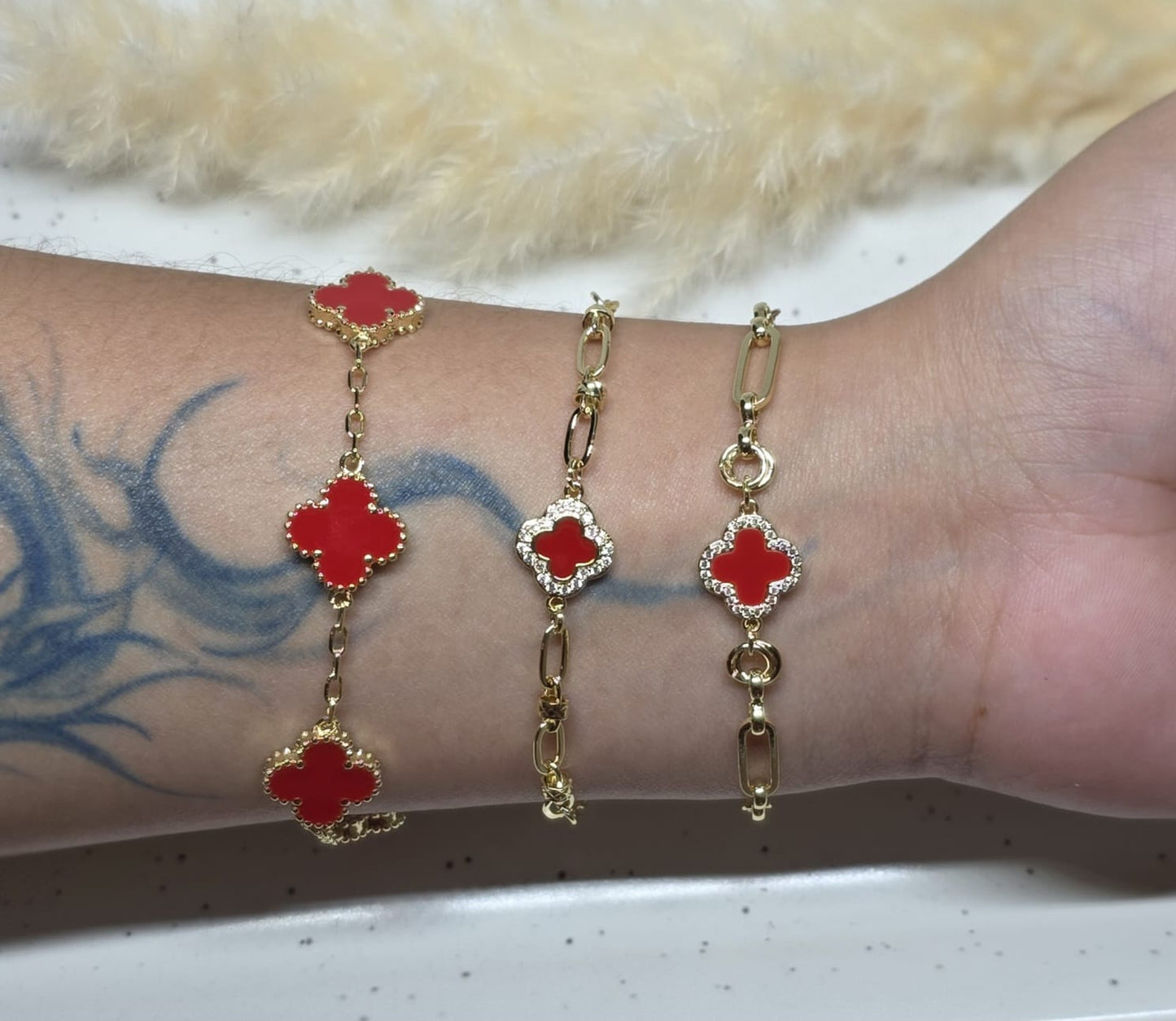 Pulsera 4 Hojas Roja | Oro Laminado 14K