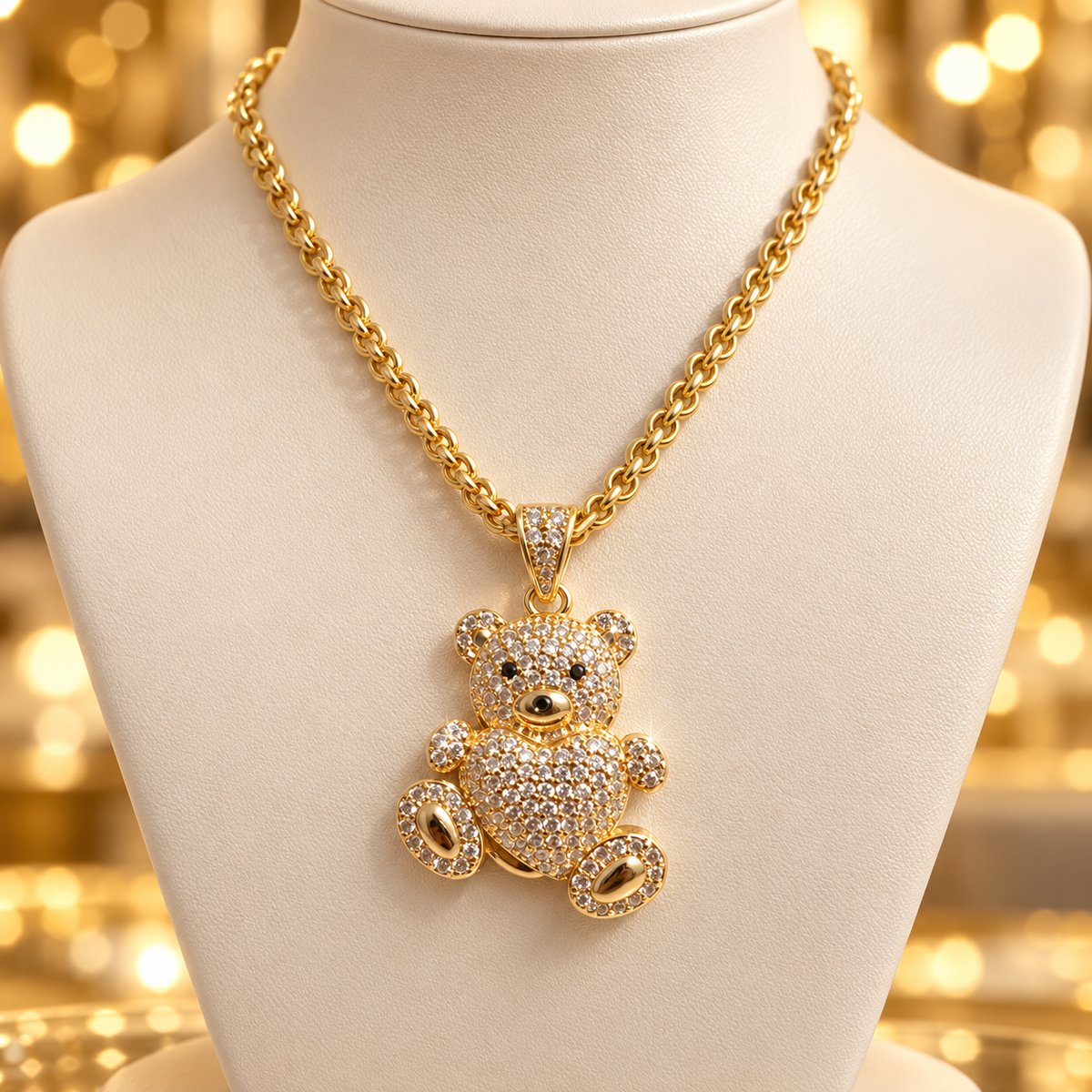 Cadena de 18 pulgadas con dije osito enamorado y zirconias en oro laminado 14k