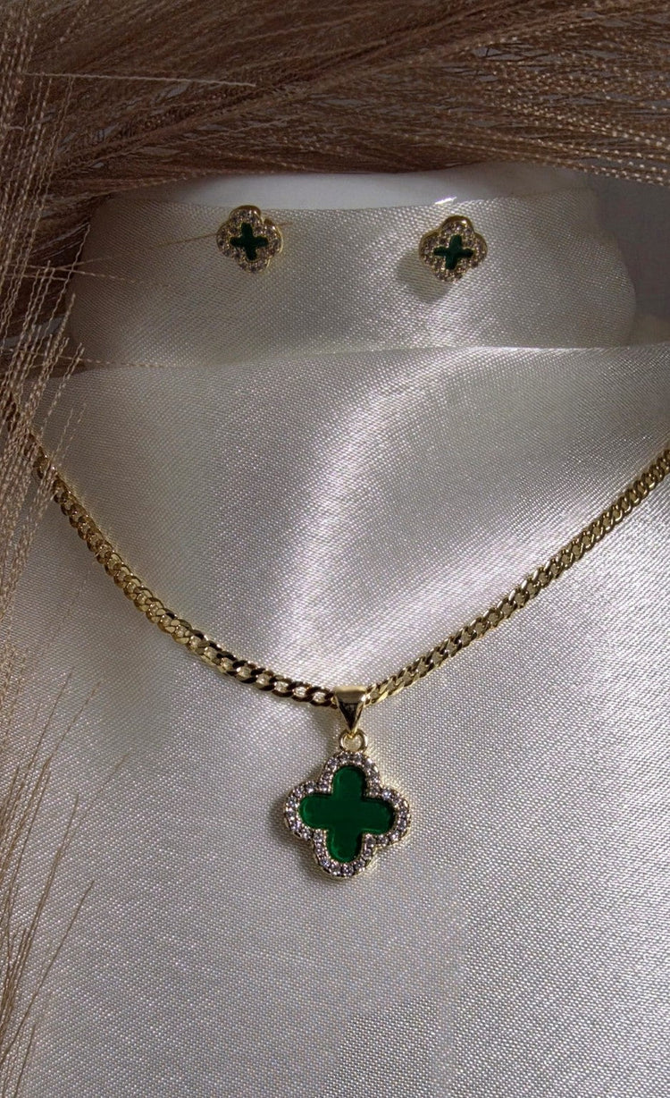 Set Trébol Verde en oro laminado 14k