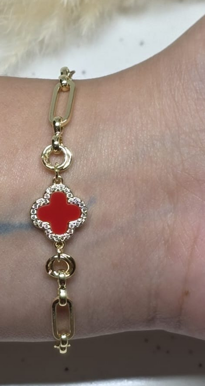 Pulsera 4 Hojas Roja Corta | Oro Laminado 14K