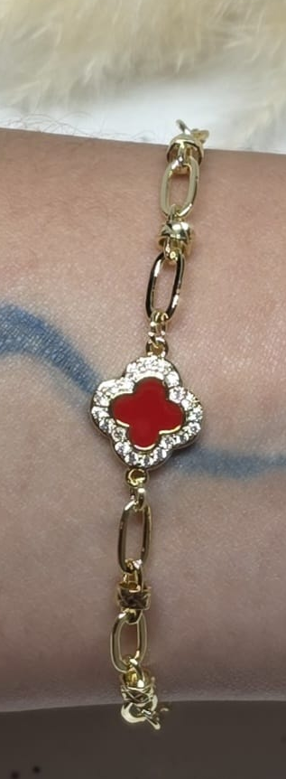 Pulsera 4 Hojas Roja | Oro Laminado 14K