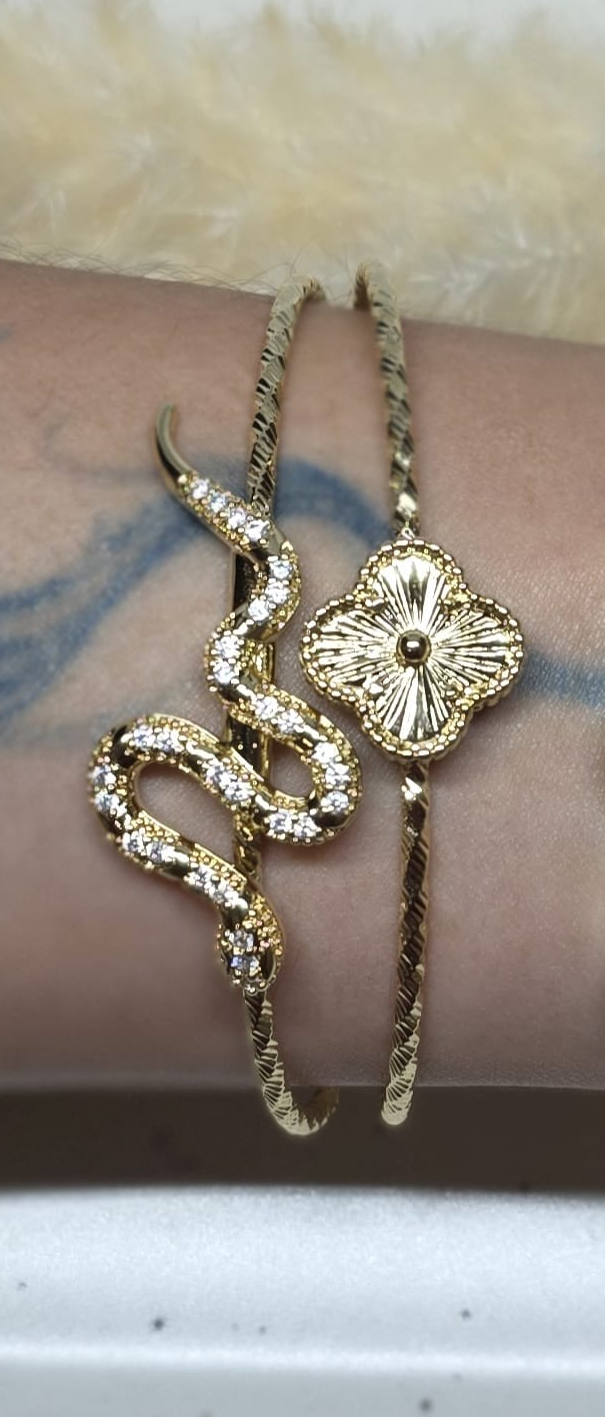 Pulsera Serpiente y 4 Hojas | Oro Laminado 14K