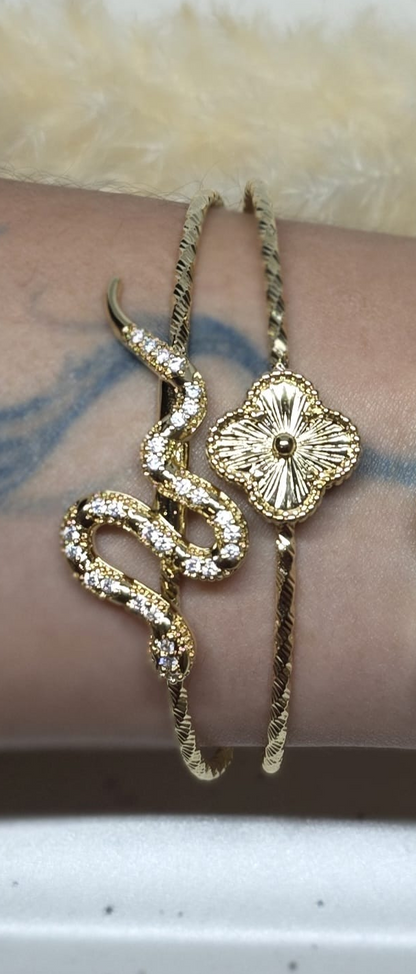 Pulsera Serpiente y 4 Hojas | Oro Laminado 14K