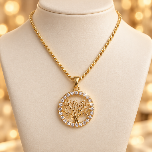 Cadena de 18 pulgadas con dije árbol de la vida y zirconias en oro laminado 14k