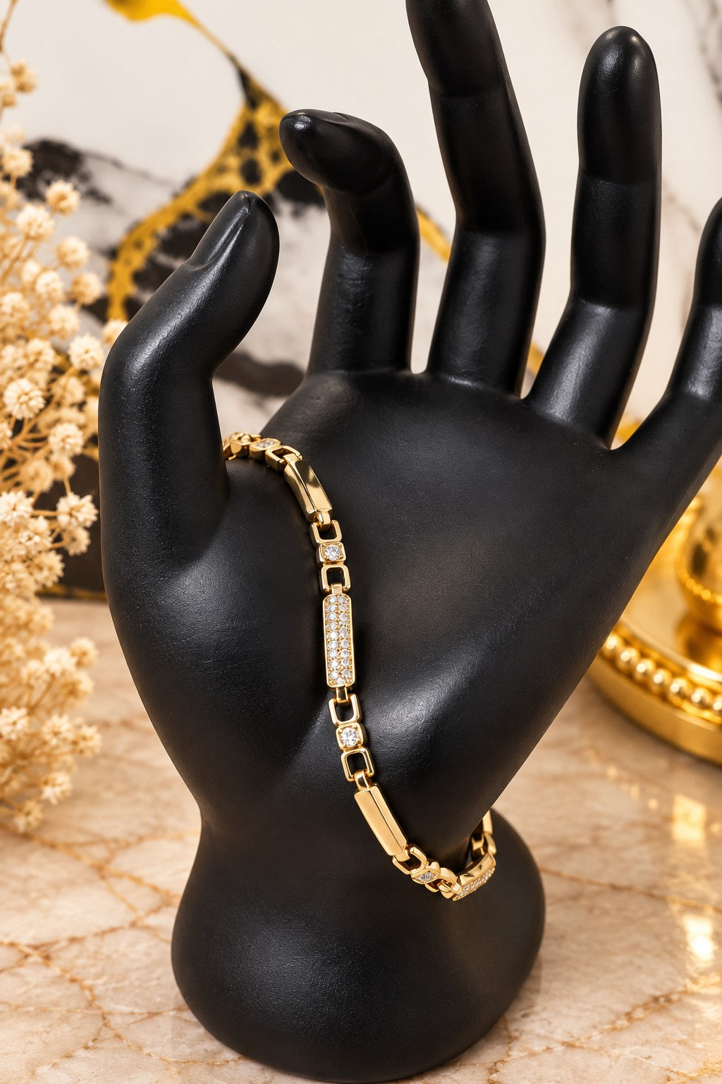 Pulsera de barras alternadas lisas y con zirconias en oro laminado 14k