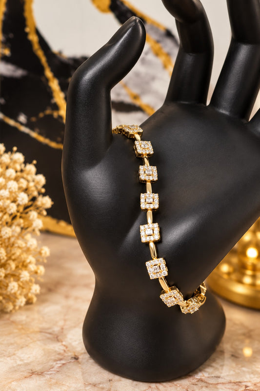 Pulsera de cuadros con zirconias en oro laminado 14k