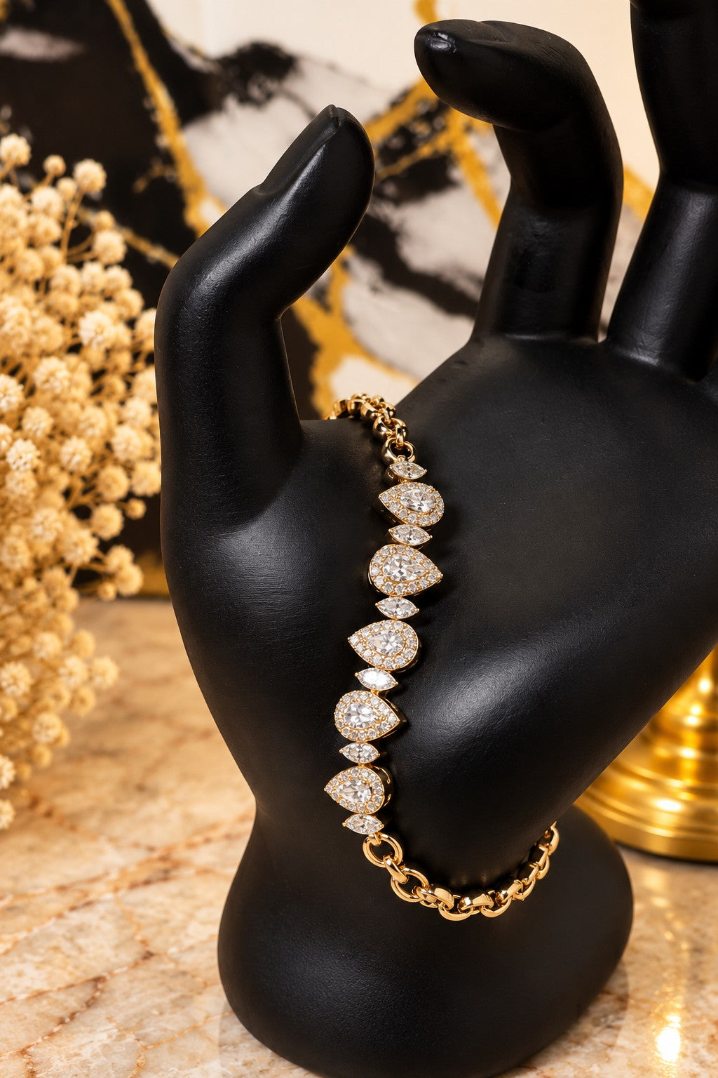 Pulsera de gotas con zirconias en oro laminado 14k, 7 pulgadas