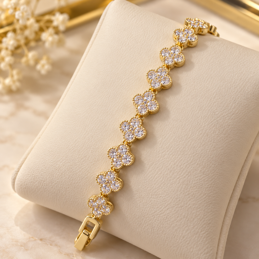 Pulsera trébol con zirconias 7 pulgadas 7.5mm en oro laminado 14K - FL Passion Jewelry