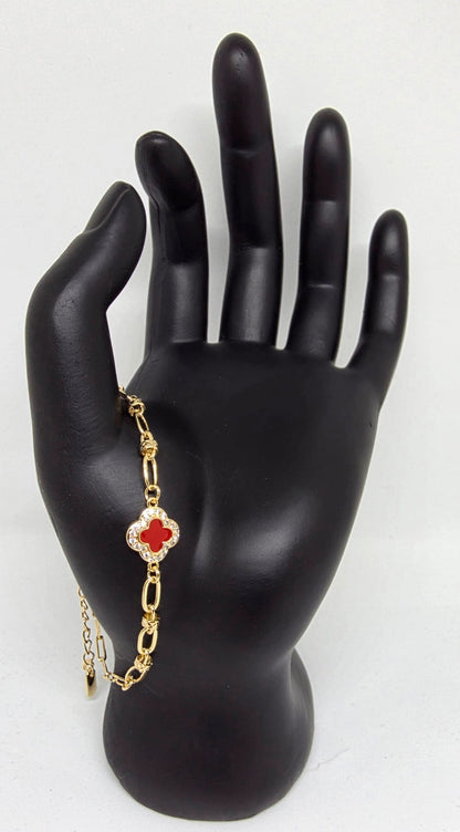 Pulsera 4 Hojas Roja | Oro Laminado 14K