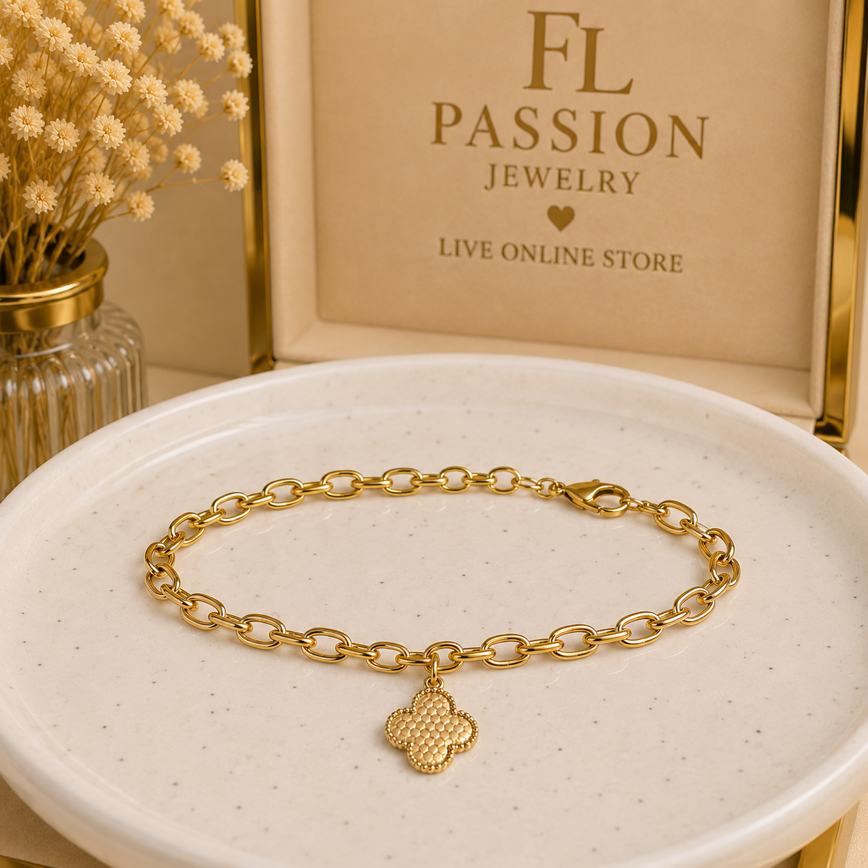 Pulsera con Dije 4 Hojas | Oro Laminado 14K
