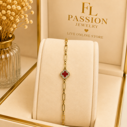 Pulsera 4 Hojas Roja | Oro Laminado 14K