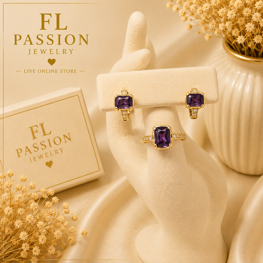 Pantallas y Anillo Piedra Morada | Oro Laminado 14K