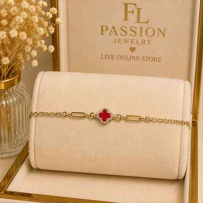 Pulsera 4 Hojas Roja Corta | Oro Laminado 14K