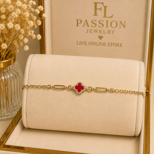 Pulsera 4 Hojas Roja Corta | Oro Laminado 14K