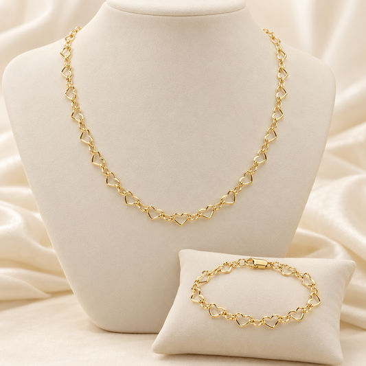Set de cadena y pulsera de corazones en oro laminado 14K - FL Passion Jewelry