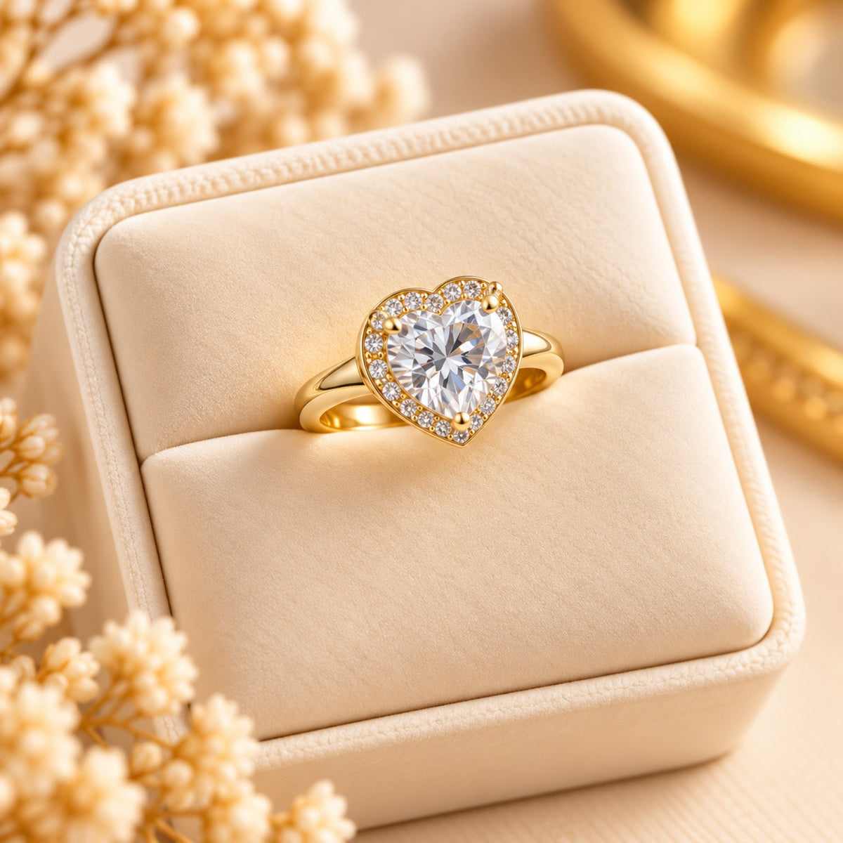 Sortija dorada con piedra de corazón y halo de piedras brillantes