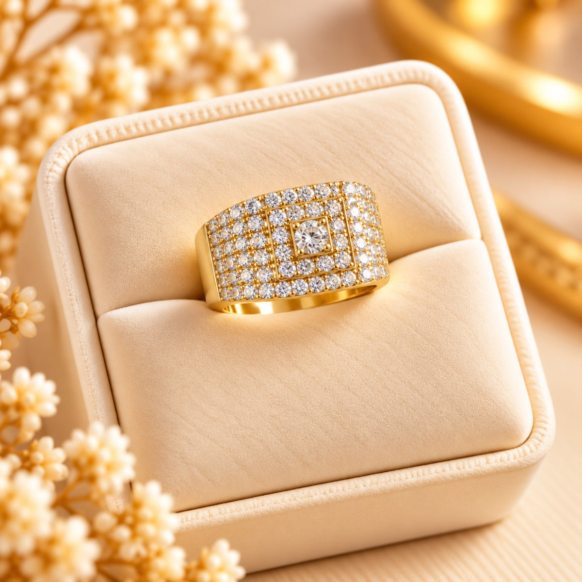 Sortija ancha dorada de diseño cuadrado con piedras brillantes